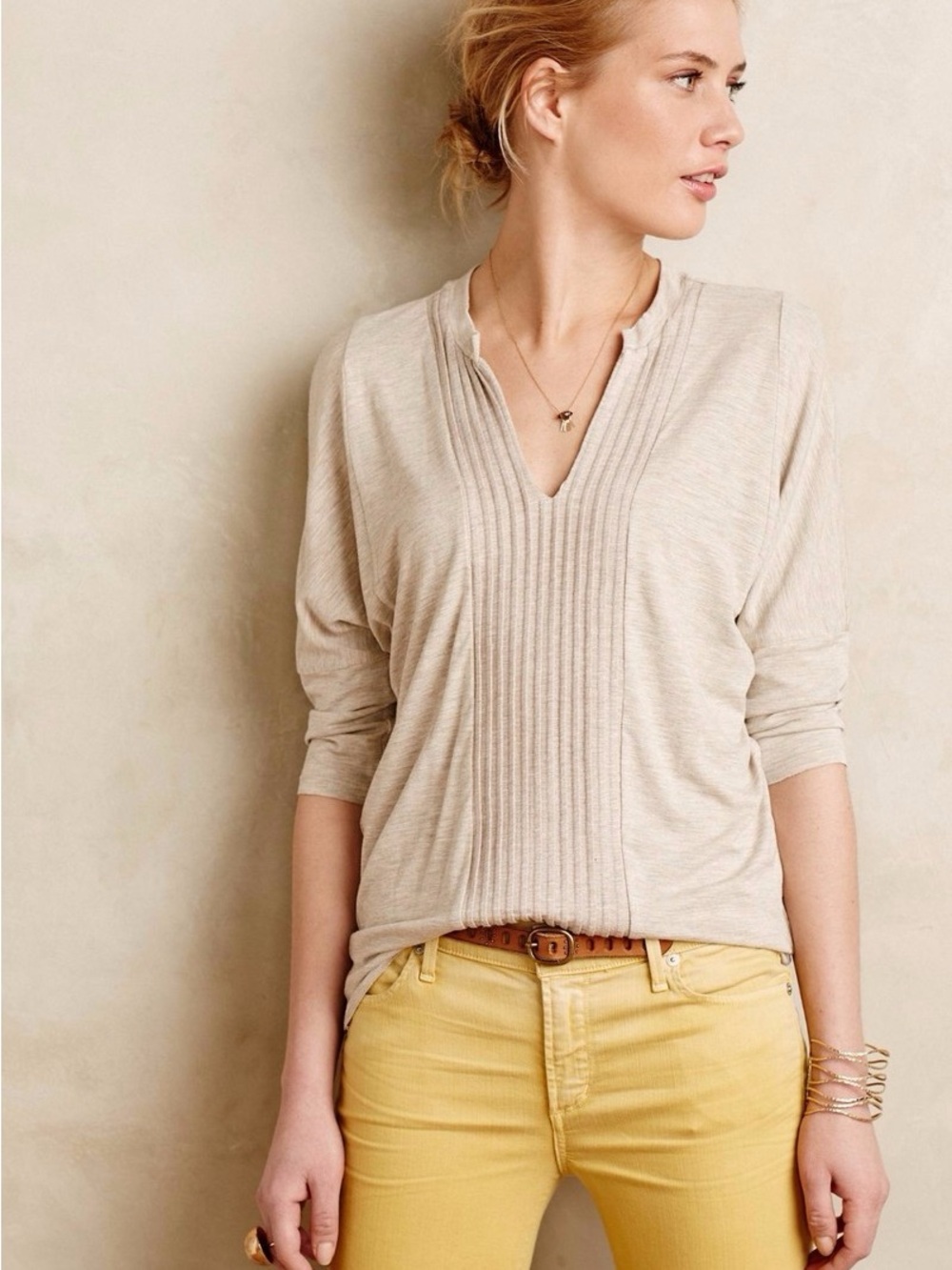 Anthropologie Dolan The Pleated V Neck Jersey Top Size XL NEW Beige Neutral *C67